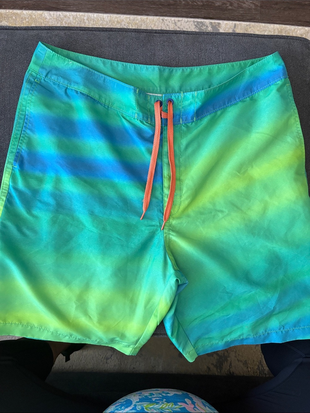 VGUC. Tommy Bahama Men's Gradient Green-Blue Swim Trunks with Orange Drawstring